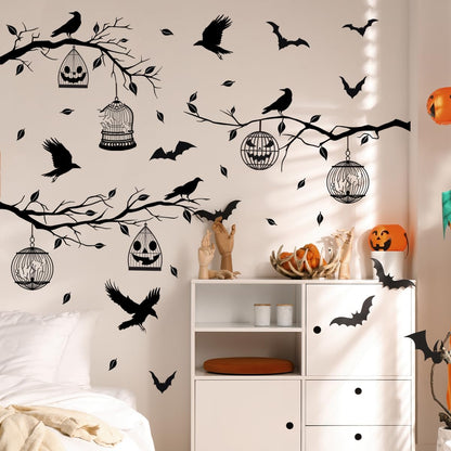 Halloween Wall Decals Black Tree Branches Bat Wall Stickers Large Removable Halloween Wall Clings Decor DIY Art for Home Wall Window Door