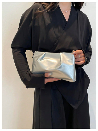 OYOANGLE Women's PU Leather Clutch Purses Small Zipper Ruched Minimalist Handbag Silver One Size