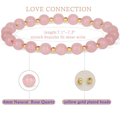 QOGIR Rose Quartz - Love Connection - 14K Gold Plated Beads Natural Gemstone Stretch Elastic Dainty Healing Beaded Bracelets Gifts 6mm