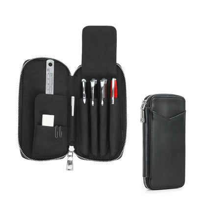 Hiram Handmade 4-Pen Case, Triple-Zip Crazy-Horse Leather Pouch with Microfiber Suede Lining, Heart-Stamped, Fountain/Ballpoint Box, Vintage Executive Stationery Storage(Black)