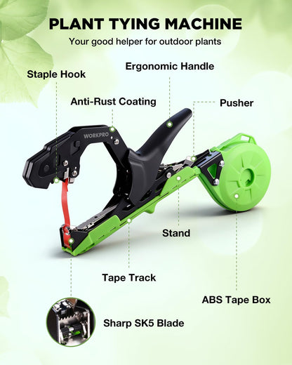 WORKPRO Plant Tying Machine, Lightweight Tape Gun for Tying Vines and Support Plants, Includes Gloves, 20 Rolls of Tape, 10,000 Staples, Ideal for Tomatoes, Grapes, Cucumber and Vegetables