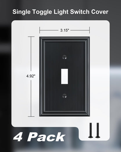 TREEWELL 4-Pack Single Toggle Light Switch Cover Plate, Durable Solid Zinc Alloy Decorative Switch Plate Covers, Black 1 Gang Wall Plate, Corrosion Resistant