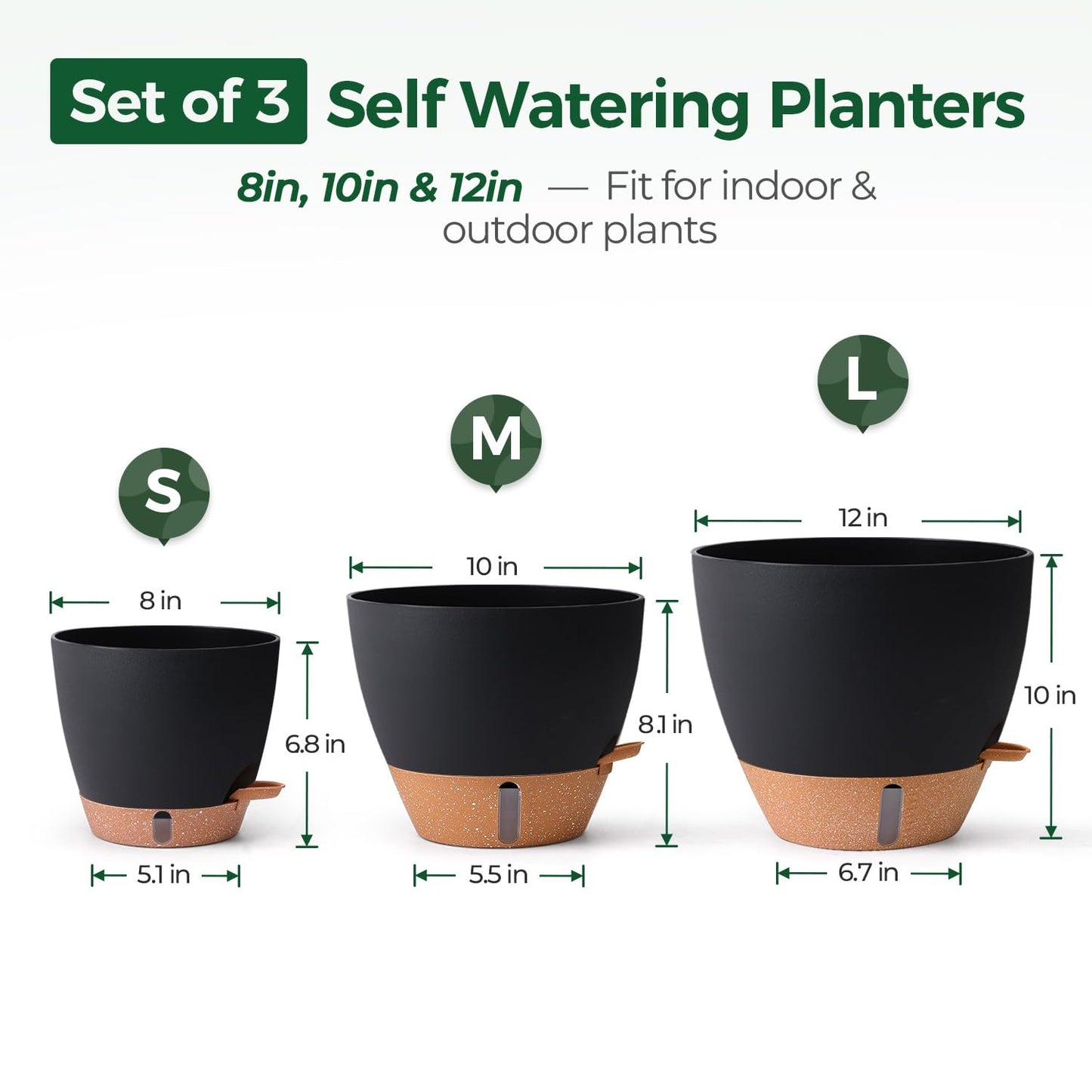 T4U 3 Pack Self Watering Pots (8"+10"+12") - Water Level Indicator & Deep Reservoir, Mess-Free Planters for Busy People, Beginners & Gardeners, Fits Pothos to Monstera, Indoor Outdoor Use (Black)