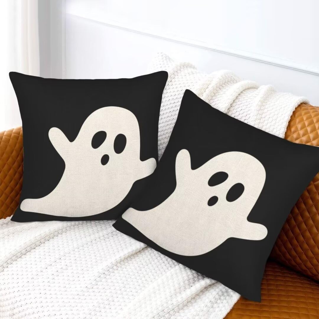 Sunshineyan Halloween Pillow Covers 18X18 Inch Set of 2 Black White Ghost Decor Throw Pillow Covers Halloween Cushion Cases Farmhouse Decorative Outdoor Pillow Covers for Couch Home Sofa Living Room