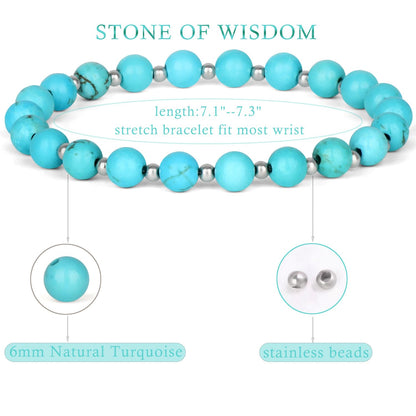 QOGIR Blue Turquoise - Stone of Wisdom - Stainless Silver Beads Natural Gemstone Stretch Elastic Dainty Healing Beaded Bracelets Gifts 6mm