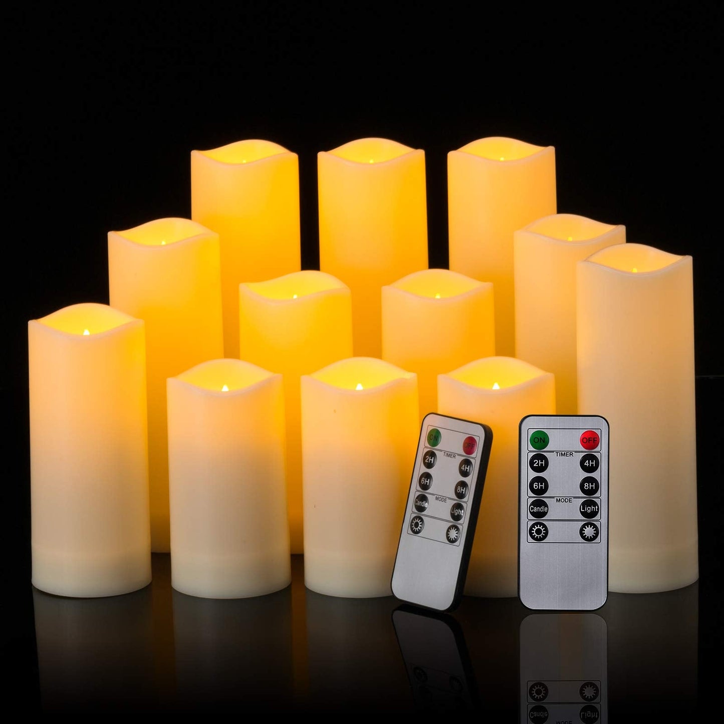 Enpornk Waterproof Flickering Flameless Candles, Set of 12 Battery Operated Candles (D2.2'' x H4''5''6''7"), Outdoor Indoor Candles with 10-Key Timer Remote, Long Lasting