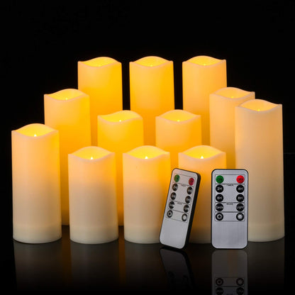Enpornk Waterproof Flickering Flameless Candles, Set of 12 Battery Operated Candles (D2.2'' x H4''5''6''7"), Outdoor Indoor Candles with 10-Key Timer Remote, Long Lasting