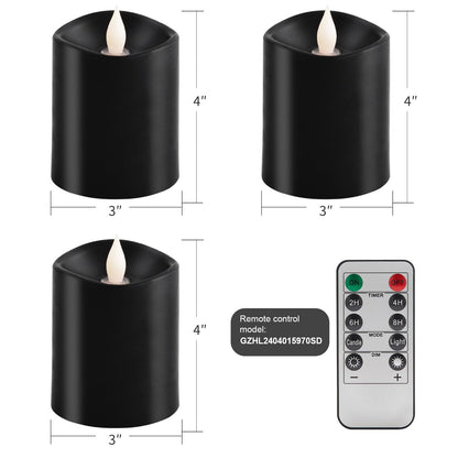 3x4 Flickering Flameless Candles Set of 3, 2AA Battery Life 600 Hours Battery Candles Flickering with Timer,4 inch Flameless Candles with Remote for Home Wedding Party Halloween Decoration, Black