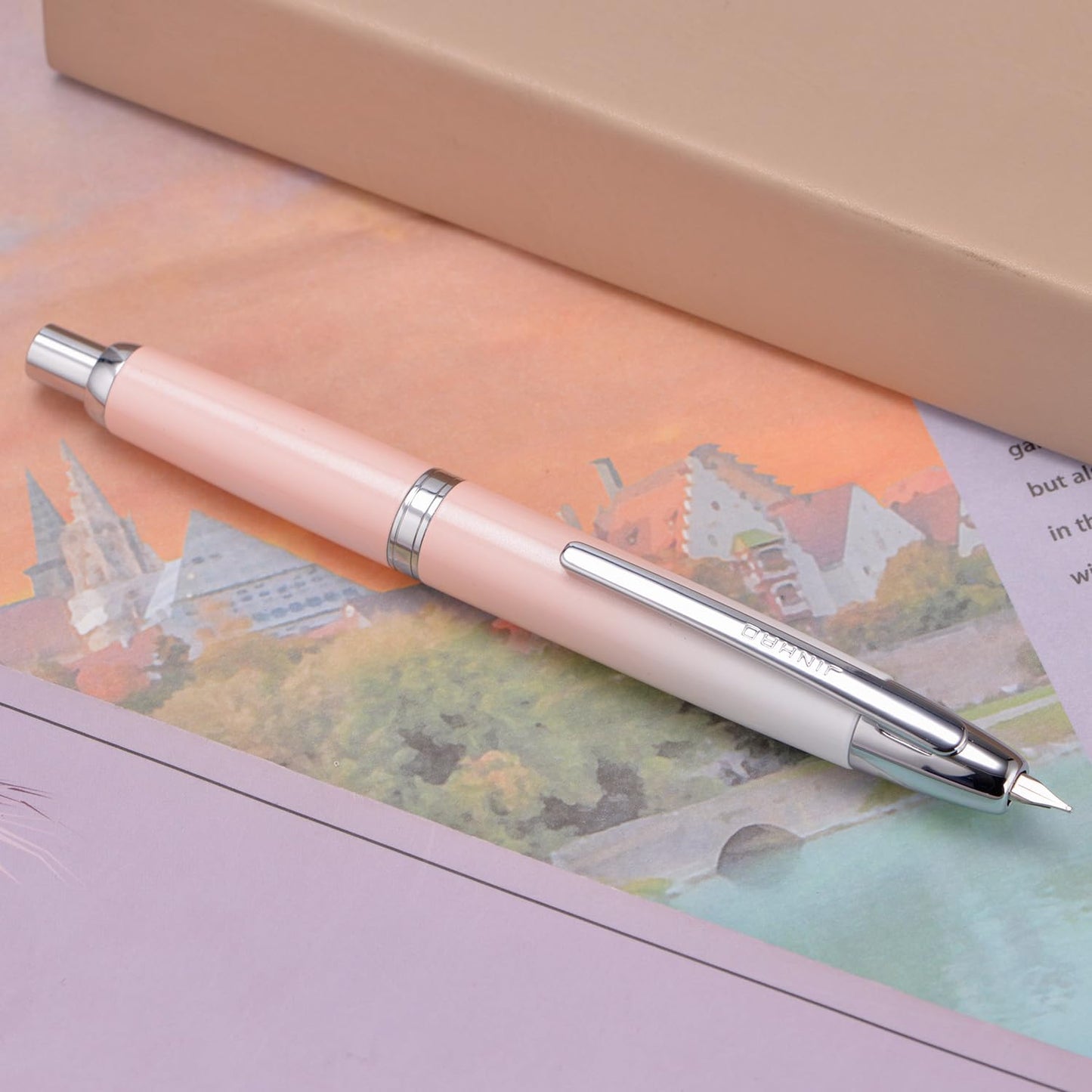 Jinhao 10 Press Fountain Pen with Box, Gradient Peach Pink Retractable Extra Fine Nib with Ink Converter Set (Silver Clip)