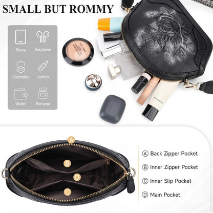VIMUTI Embossed Rose Crossbody Bags for Women, Soft Vegan Leather Small Purse with Adjustable Wide Strap, Boho Shoulder Handbag with Multi Pockets, Lightweight Everyday Bag
