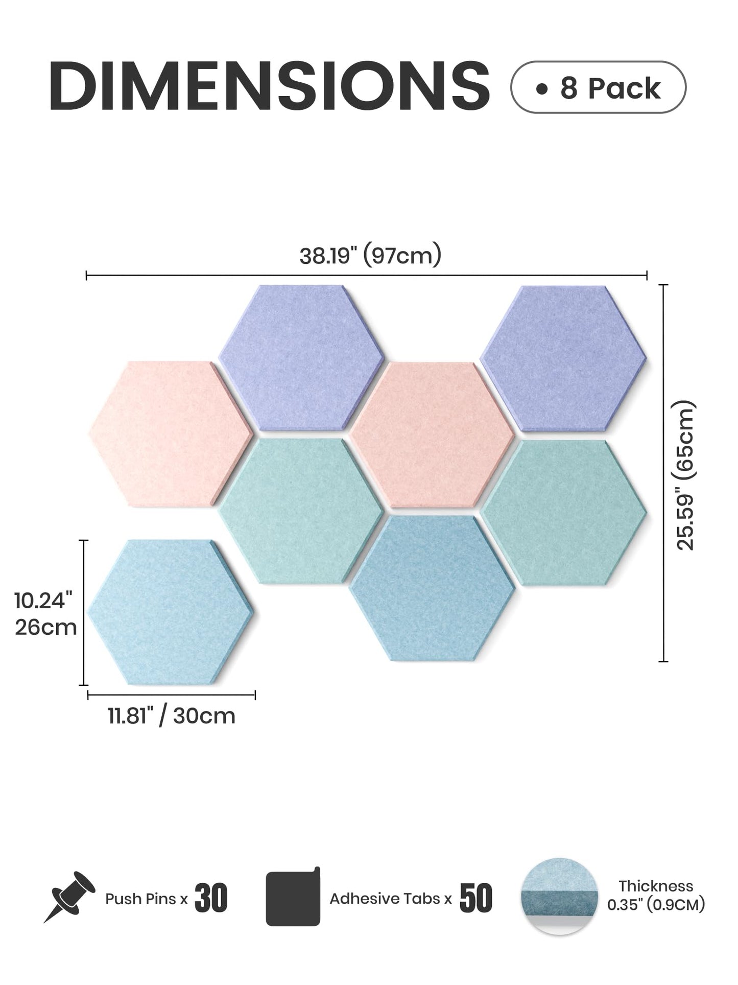 Fluxynara Hexagon Cork Board Alternative for Walls Decor-8-Pack Felt Bulletin Board Tiles,with 30 Pushpins,50 Adhesive Tabs for Office& Home Pin Board Felt Board-Coastal Haze