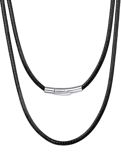 Bestyle 3MM Black Leather Necklace for Men Women,Waterproof Wax Woven Rope Chain with Stainless Steel Clasp, Leather Cord Necklace for Pendants 30"