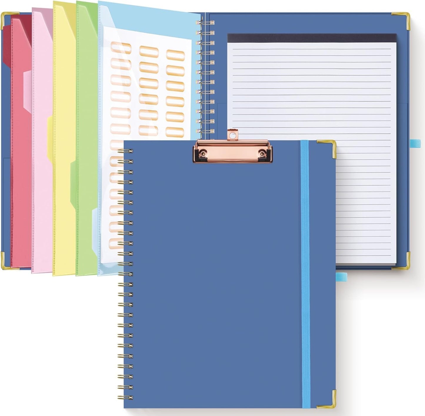 HAUTOCO Clipboard Folio with Refillable Lined Notepad for Letter Size (11" x 8.5"), 5 Dividers with 10 Pockets, Elastic Pen Holder and File Folder Labels, Spiral Nurse Clipboard Artboard(Dark Blue)