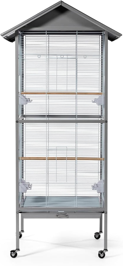 Prevue Pet Products Aviary Large Flight Cage - Powder‑Coated Standing Metal Bird Cage with Wheels, Perches, Feeders & Removable Tray, Ideal for Parakeets, Cockatiels, Canaries & Small Birds - Grey