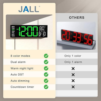 JALL 16" Large Digital Wall Mount Clock, Count Down Timer, Alarm, Big LED, RGB Color, DST, Temperature for Living Room Classroom Desk, Xmas, Birthday Gift, for Senior Mom Dad (Green White, 16 inches)