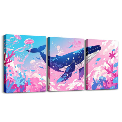 Feelyou Pretty Whale 3 Piece Canvas Wall Art for Living Room Bedroom Pink Blue Ocean Wall Art for Home Decor Jellyfish Office Wall Decor Dreamy Ocean Wall Painting