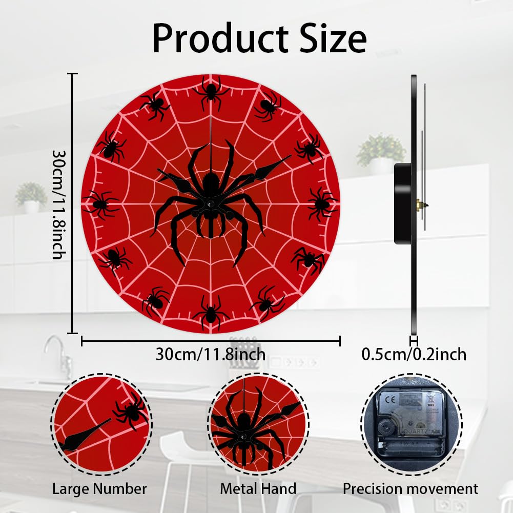 CHGCRAFT Halloween Spider Pattern Wall Clock 12 Inch Non-Ticking Spider Web Clocks Round Wall Hanging Clock Battery Operated for Bedroom Living Room Kitchen Office