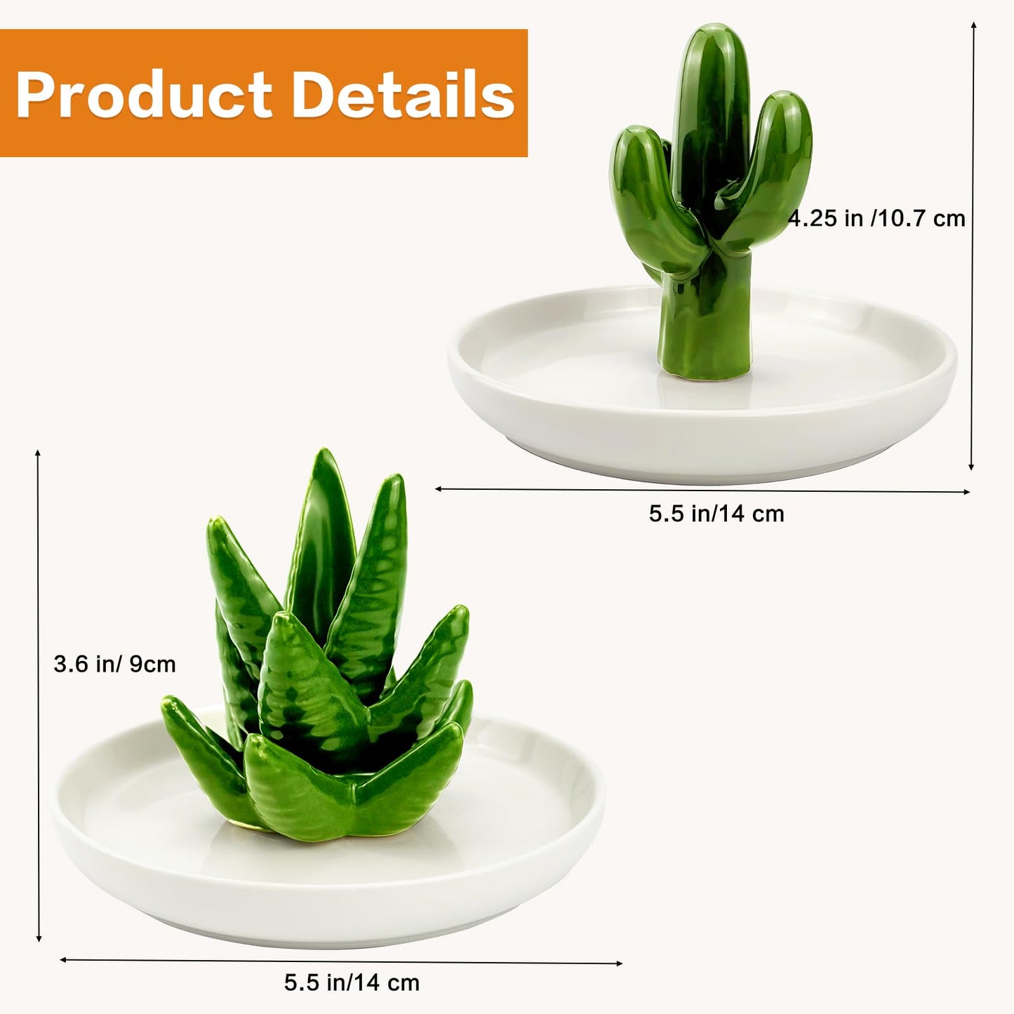 Seuqhck Ceramic Ring Holder Dish Set of 2 - Cactus & Aloe Jewelry Organizer Tray for Rings, Earrings, Necklaces, Decorative Succulent Trinket Dish for Home Decor, Wedding, Birthday Gifts for Women