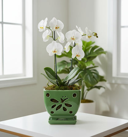 Grdthzey Orchid Pots with Holes Square Ceramic Orchid Planter Pots 5.5 inch (Green)
