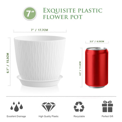 WSMKSZ 7 inch Plant Pots, 5 Pack Flower Pots with Drainage Holes and Saucers for Indoor Plants, Plastic Planters with Water Ripple for Small Garden House Plants, Nursery Pots for Succulent, White