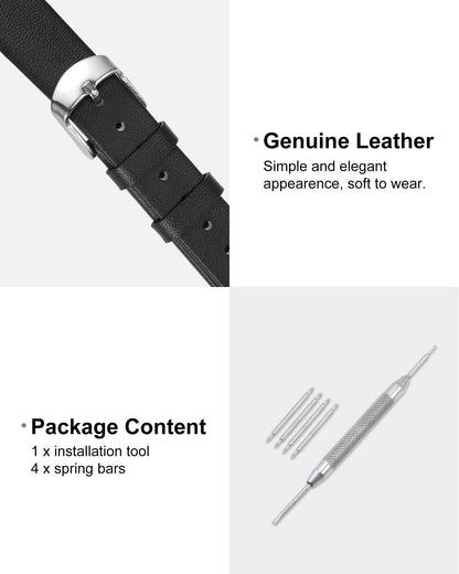 uxcell Black Genuine Leather Band 14mm Width, Flat Thin Elegant Leather Watch Strap for Women