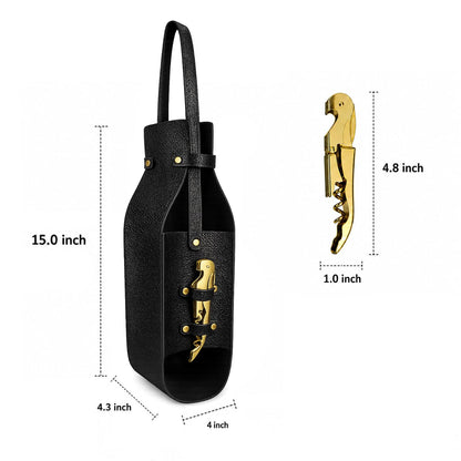Wine Gift Bag with Wine Opener - Vegan PU Leather Single Bottle Luxury Wine Bag with Corkscrew - Elegant Wine Carrier for Travel, Picnic, Birthday, Housewarmings, Anniversaries Wedding Gifts