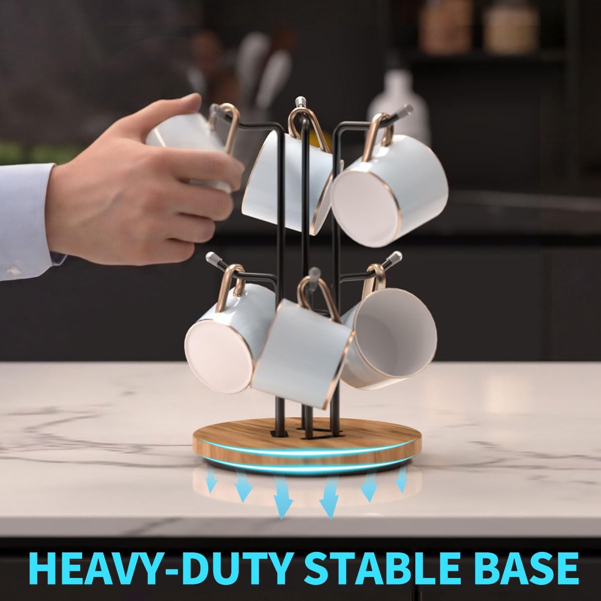 BTWDAEX Counter Coffee Mug Holder with 6 Hooks, 360° Rotating Mug Tree for Large Cups, Kitchen Counter Decor Metal Coffee Cup Rack Stand for Countertop with Stable Wooden Base