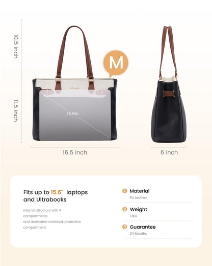 LOVEVOOK Laptop Tote Bag for Women Work, Teacher Tote Bag Nurse Bag with Large Cup Holder, 15.6 Inch Waterproof Leather Computer Bag Professional Business Office Briefcase, Black-beige-brown
