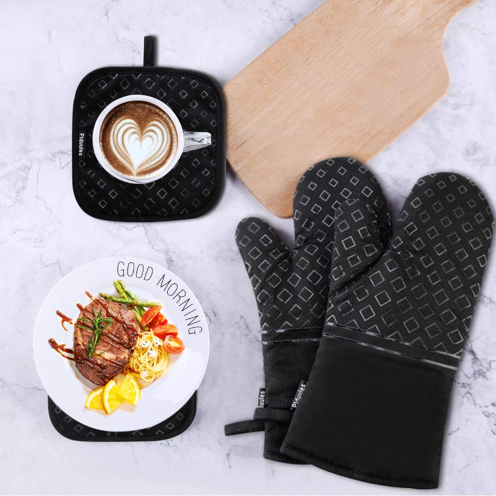 Piduules Set of 4 Oven Mitts and Pot Holders, 482 F Heat Resistant Hot Plate Moving Non-Slip Gloves for BBQ, Grill, Baking, Cooking, Oven, Microwave (Black)