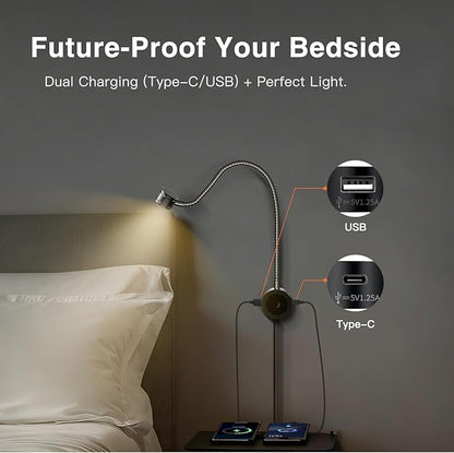 VST Bed Reading Lights for Headboard, Bedside Wall Mounted Reading Lamp, Reading Light Touch to Adjust Brightness with USB/Type-C Charging Ports, ETL-Listed