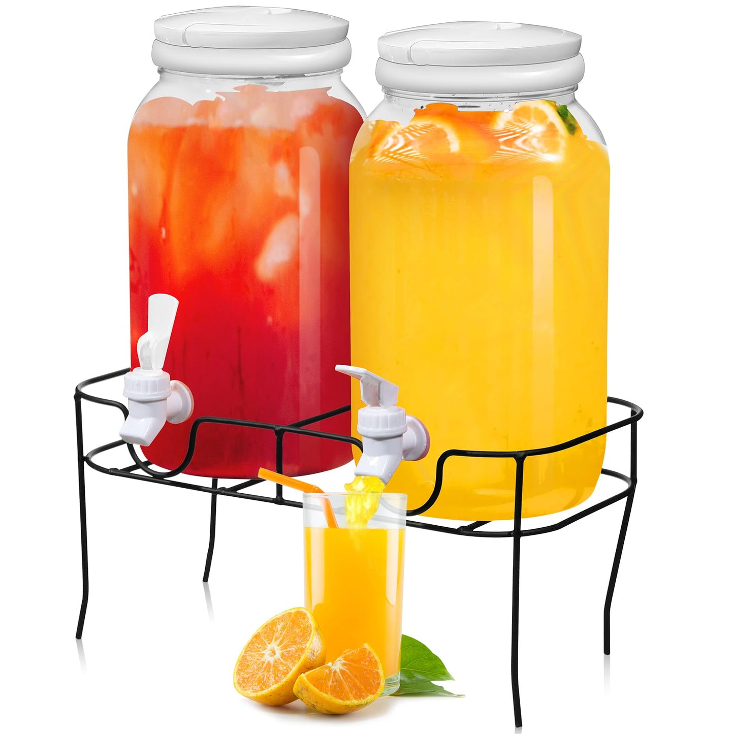 Tanlade 2 Pcs Plastic Drink Dispenser with Stand Beverage Dispenser with Sturdy Metal Base Juice Dispensers for Parties Lemonade Jar with Spigot for Weddings Countertop Water Tea, Each 1 Gallon