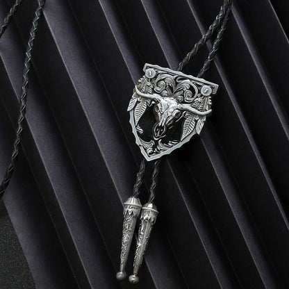 joymiao Leather Bolo Tie Vintage Adjustable Cowboy Neck with Round Silver Pendant Handmade Western Cow Skull Design Necktie