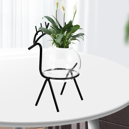 Operitacx Glass Hydroponic Vase with Metal Stand, Small Glass Plants Container for Desktop Terrarium Planter, Black Animal Decorative Flower Vase for Home and Office Décor