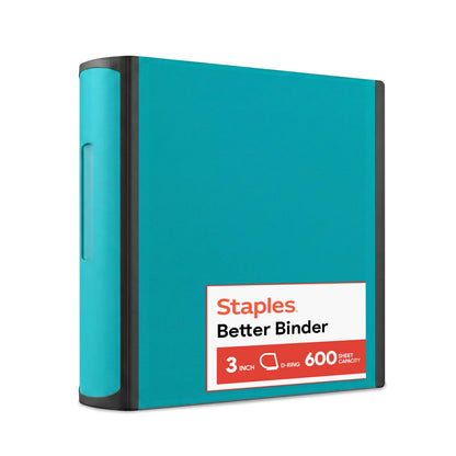 Staples Heavy-Duty 3-Inch D-Ring Binder, Teal – Large Capacity 3-Ring Binder with Pockets, Holds Up to 600 Sheets
