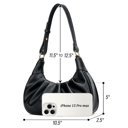 KKXIU Shoulder Bag Crescent Handbag Ruched Purse Underarm Bag Mini Hobo for Women, Detachable Gold Chain Crossbody Bag - Black
