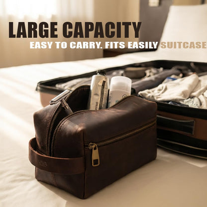Mens Leather Toiletry Bag – Dopp Kit Handmade in USA – Full Grain Leather Organizer Bag with Waterproof Lining for Travel, Toiletries, Shaving Kit – Gifts for Men, Husband, Dad, Boyfriend
