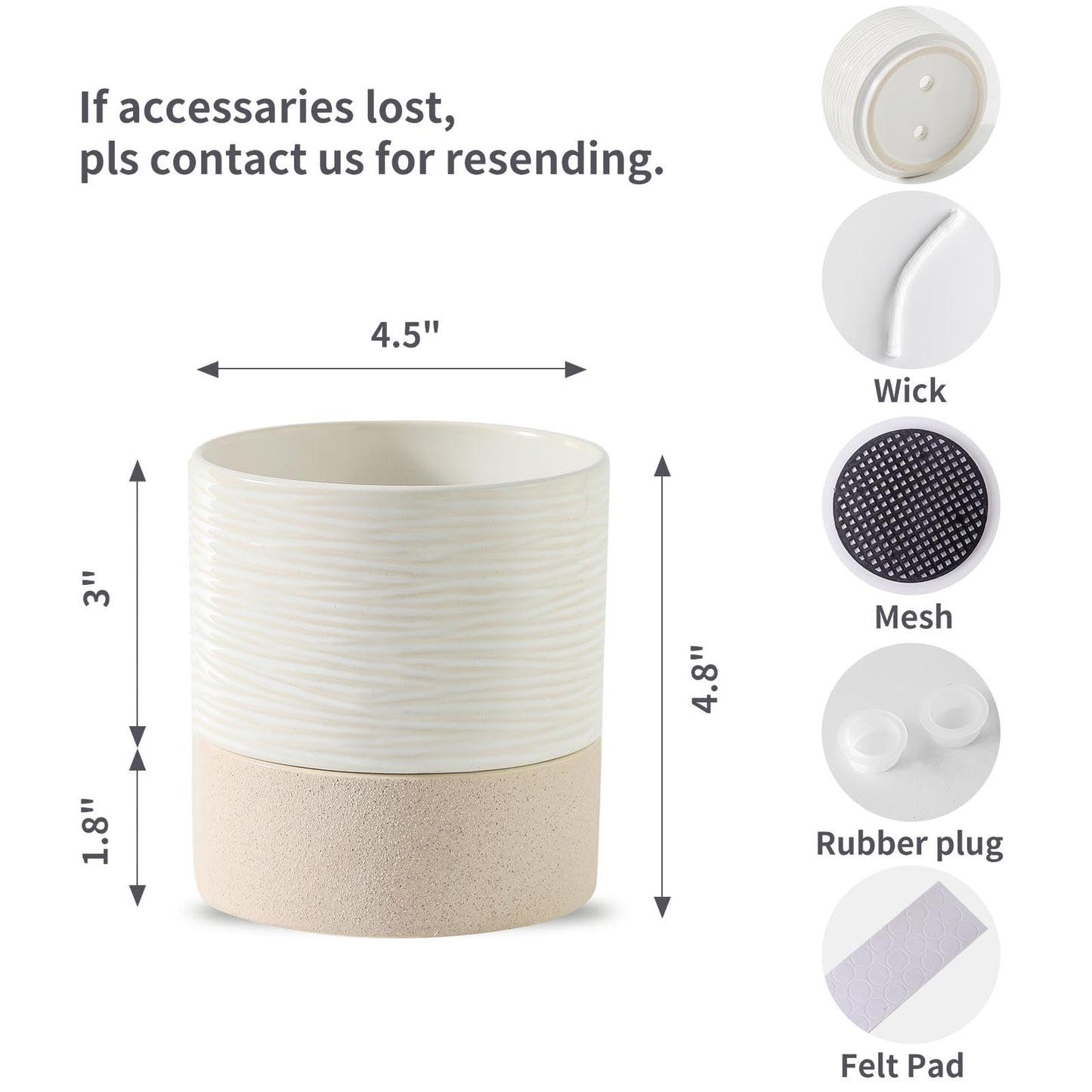 Nihow Self Watering Plant Pot: 4.5 Inch Ceramic Planter with Drainage Hole & Water Storage Plus for Indoor & Outdoor Plants - Cylinder Flower Pot for Herbs/Violets - White & Brown