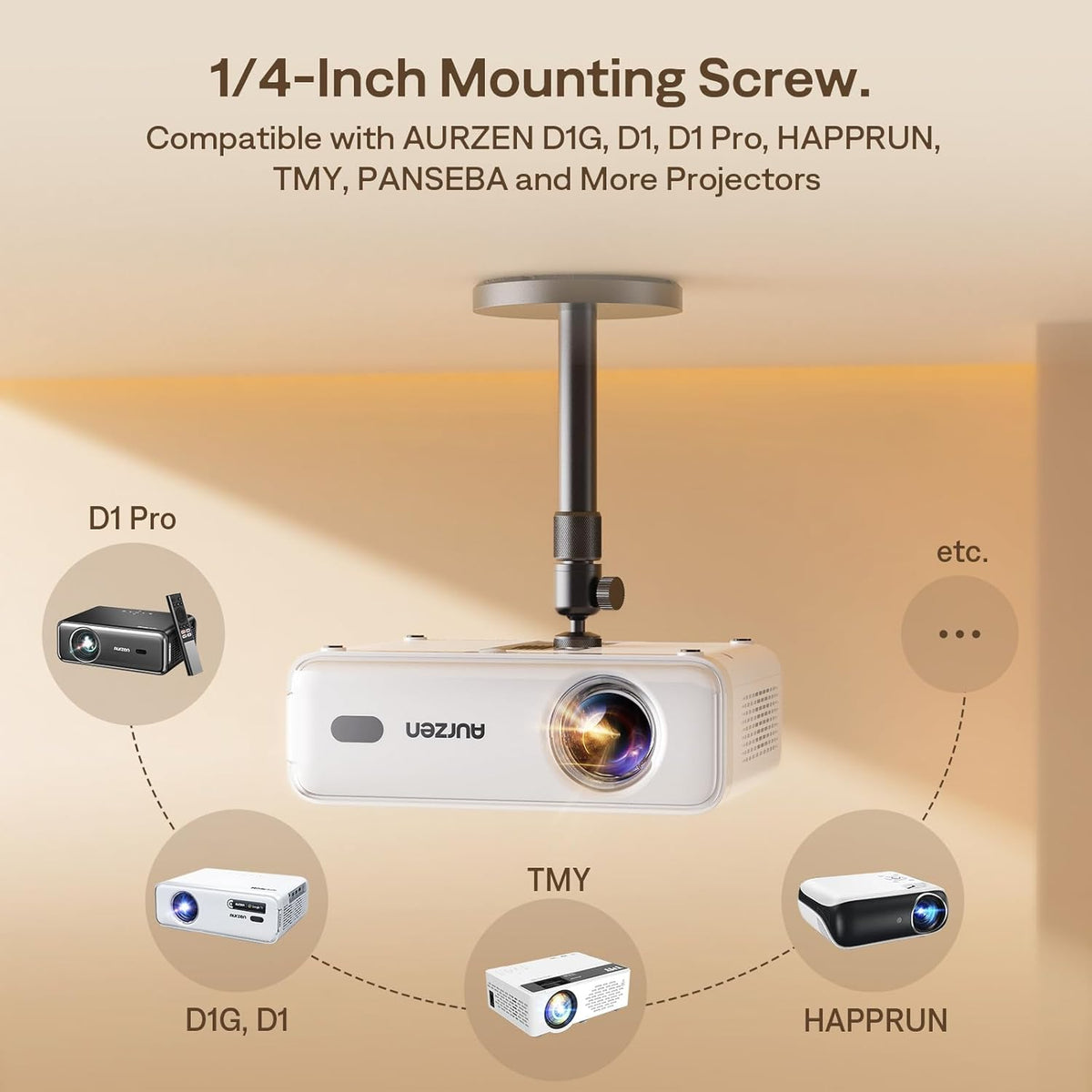 Aurzen Ceiling Projector Mount Bracket, 360° Rotation & 90° Tilt, Adjustable 9"-15" Length, ¼-Inch Screw, Compatible with TMY, HAPPRUN, Yaber, Epson & Most Projectors for Ceiling/Wall Use