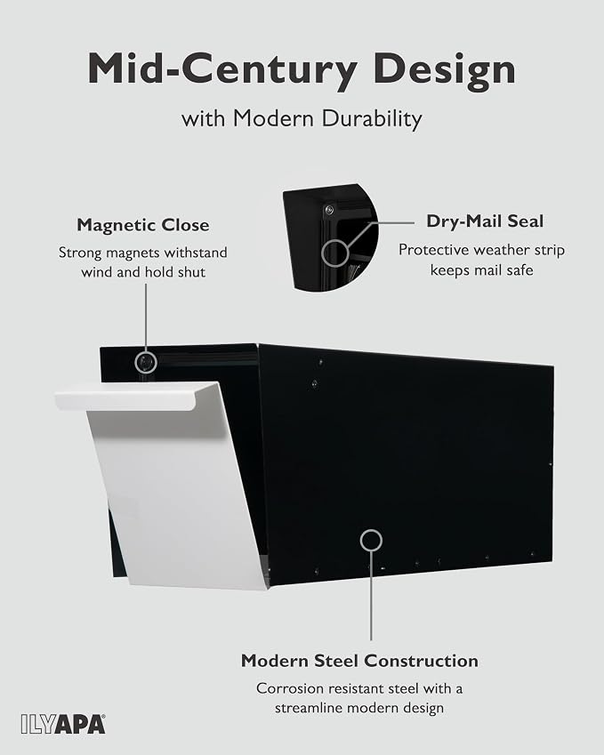Ilyapa Modern Mailbox for Post Mount - Black with White Door Powder Coated Steel, Waterproof Letter Box for Parcels, with Recessed Magnetic Close Door