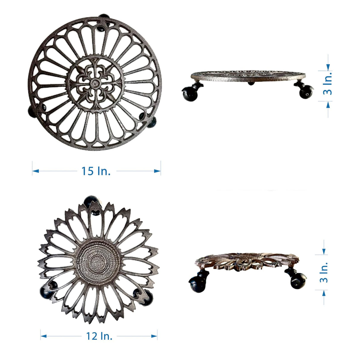 2 Pack Heavy-Duty Cast Iron Plant Caddy - 12" Rust Brown Ornamental Cast Iron Plant Stand with Wheels, Petal-Design Moveable Planter Holder for Indoor Outdoor Garden Patio Decor HC1511