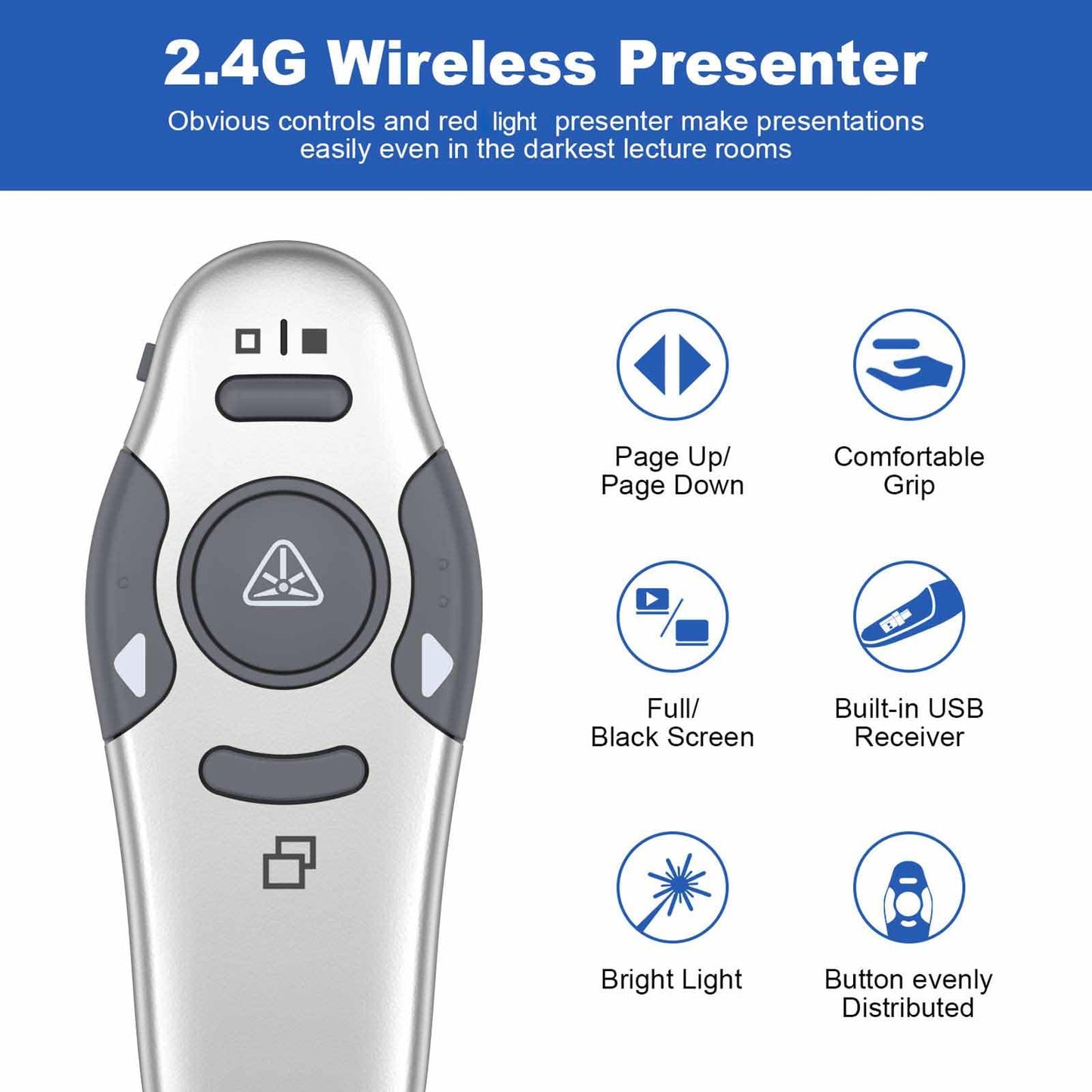 QUI 2 Pack Wireless Presenter PowerPoint Clicker, RF 2.4GHz USB Presentation Clicker for Google Slides, Keynote, Mac, Windows (USB, Silver)
