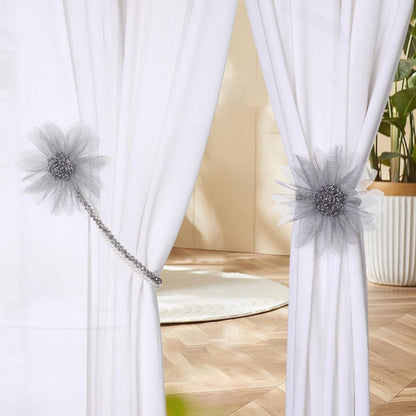SUQ I OME 2 Pack of Handmade Crystal Pearl Beaded Magnetic Flower Curtain Tieback Holdback for Drapes（Gray