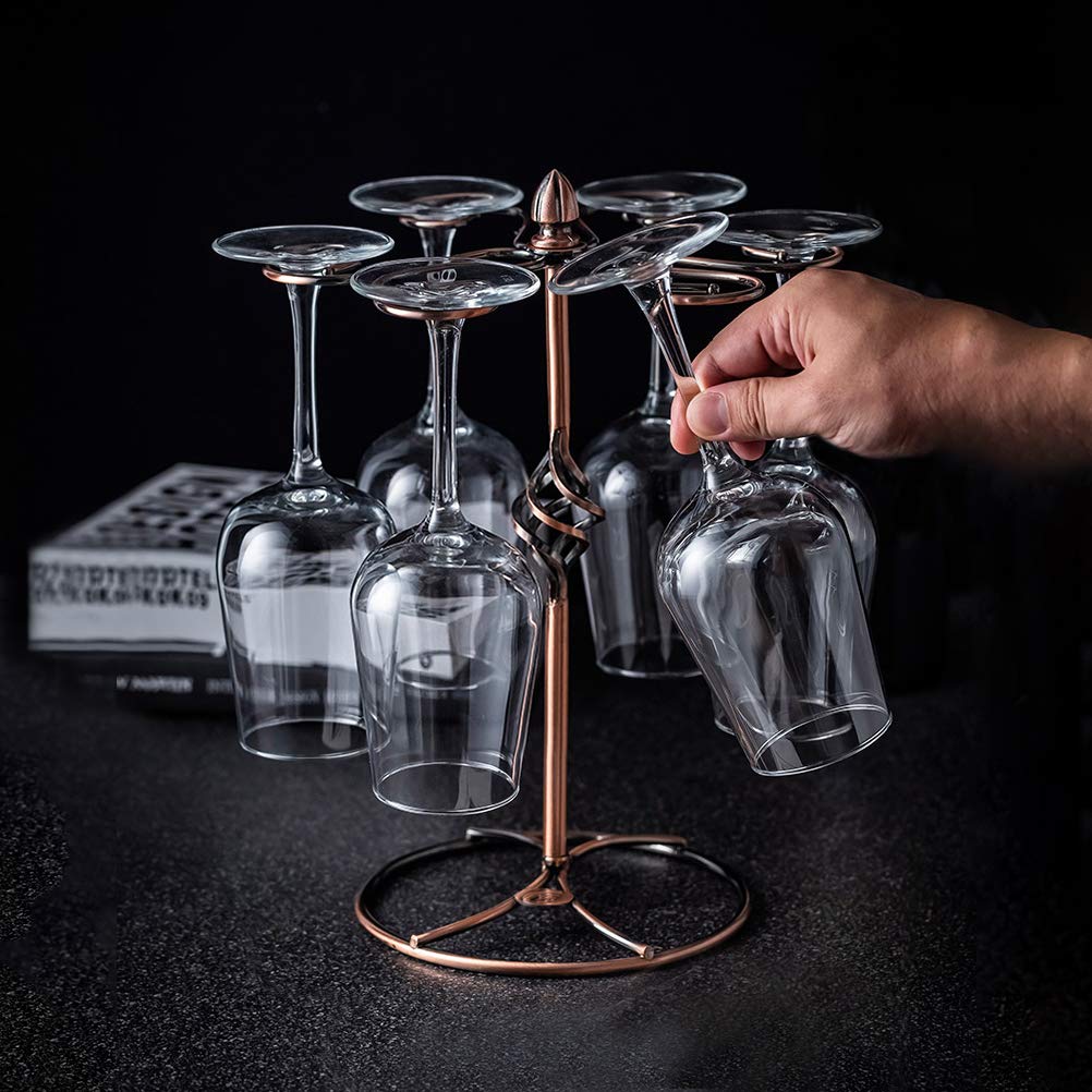 QPIX DIGITAL Wine Glass Rack, Bronze, Elegant Countertop Stemware Storage with 6 Hooks, Easy Assembly, Durable, 11"W x 11"L x 6"H