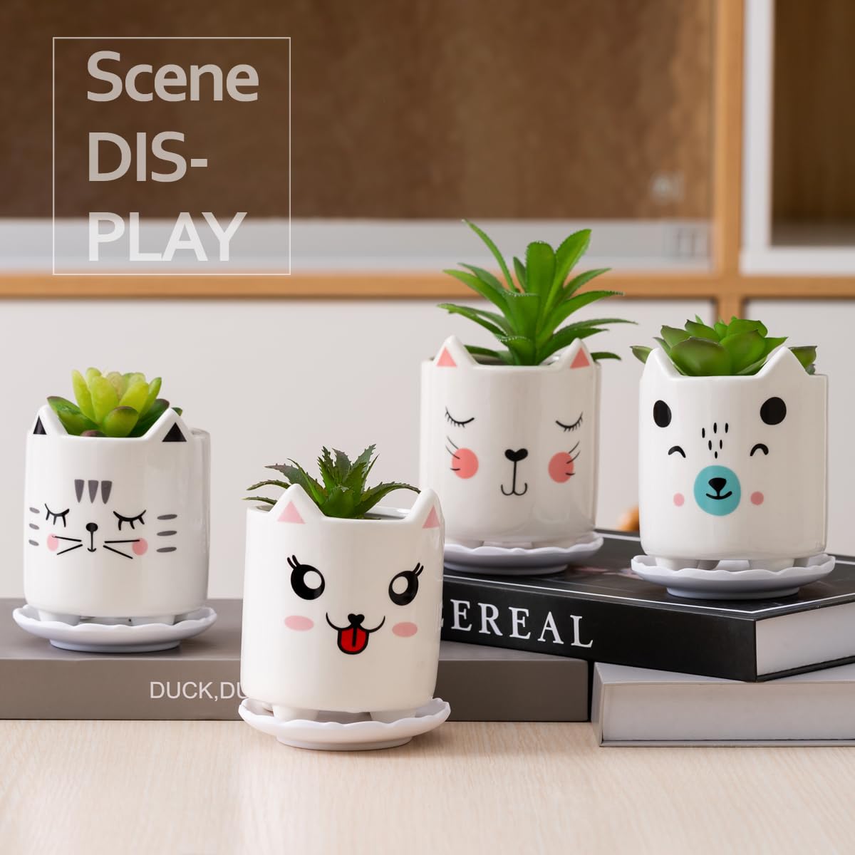 B SEPOR Set of 6 4.25inch Small Ceramic Animal Succulent Planter Porcelain Pots for Baby Succulant with Drainage and Bamboo Tray for Window Sill(Squatting Cats)