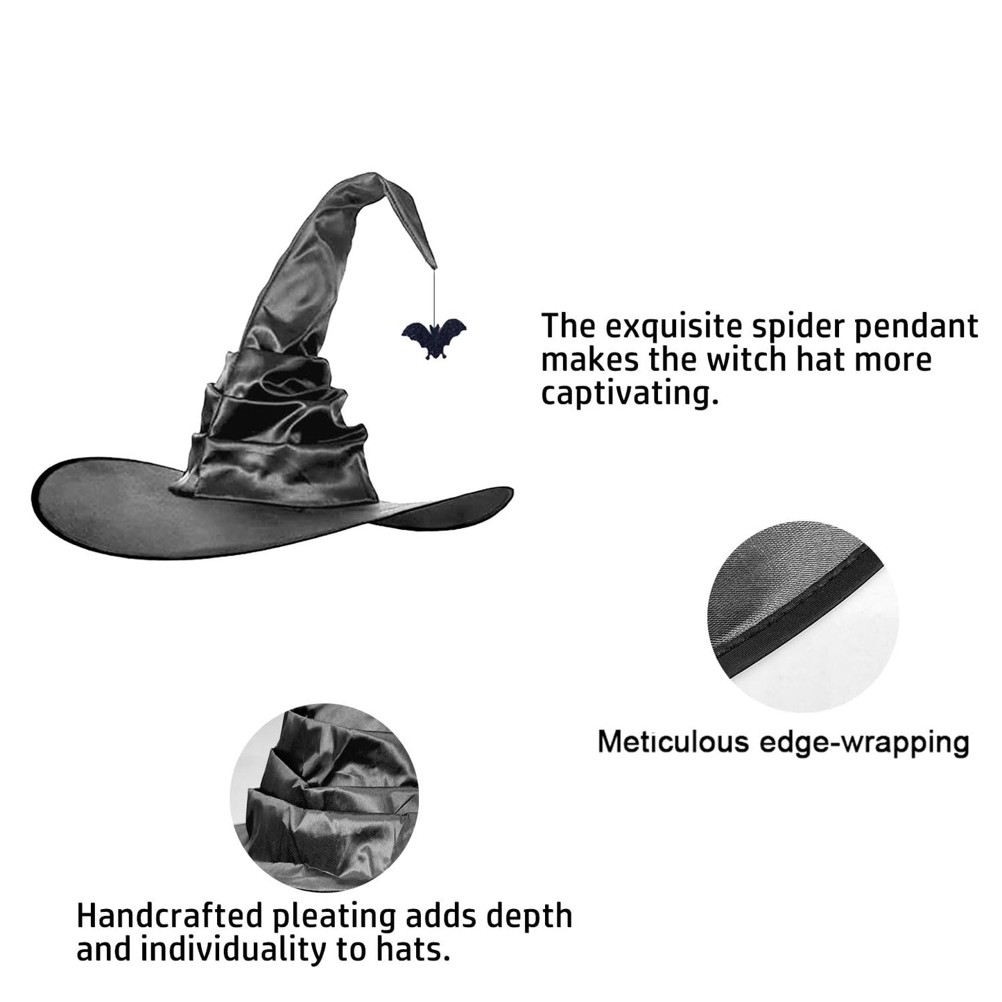 Seasons Stars SSDecor 2025 Halloween Witch Hat with Handcrafted Pleating and Glittery Bat Pendant, Halloween Costume Accessory Black Witch Hat for Adult's