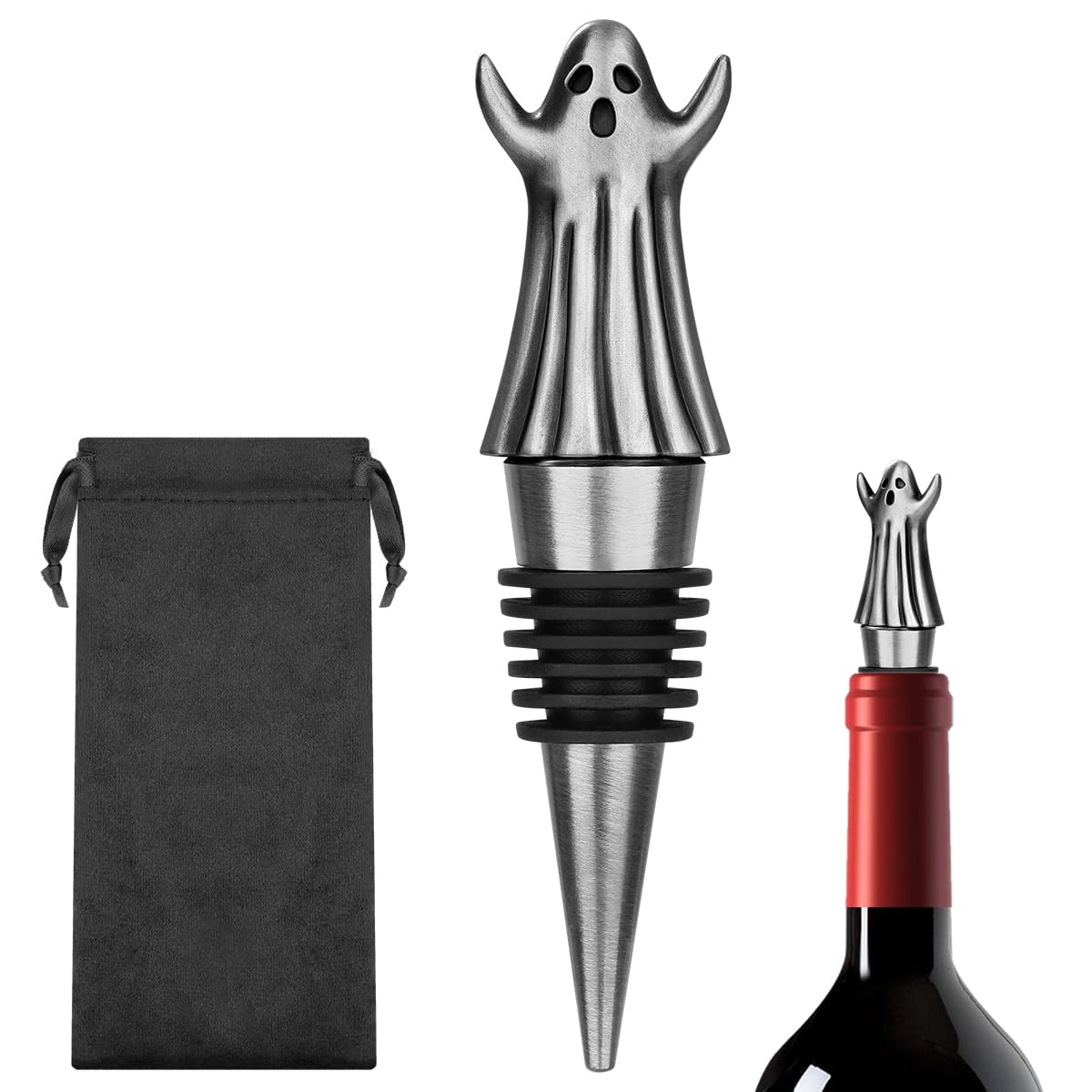 MR.BARWARE Ghost Wine Stopper – Spooky Gift for Men Women, Silver Ghost-Shaped Bar Accessory with Gift Bag, Perfect for Halloween Birthday Fathers Day Christmas