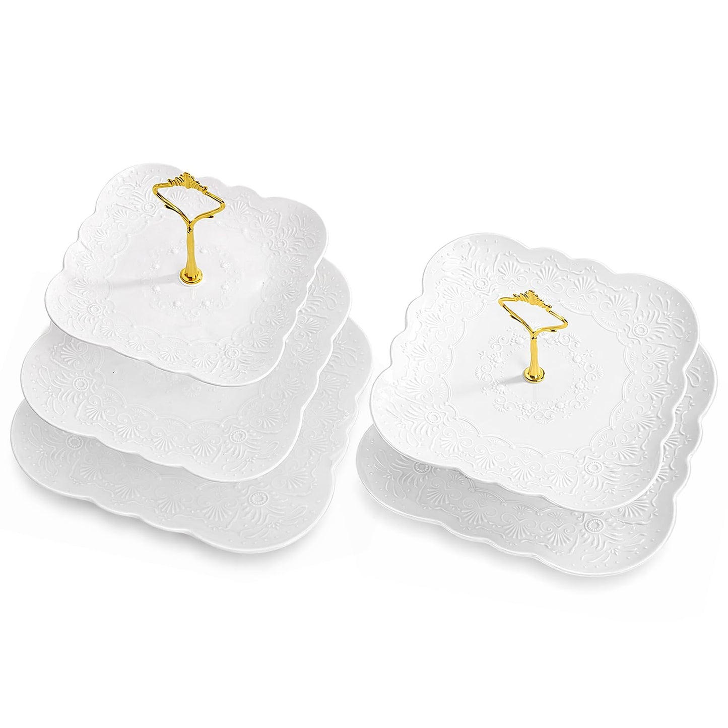 SOUJOY Ceramic Cupcake Stand Set of 2, White Embossed Cupcake Display Holders with Gold Rod, 3 Tier and 2 Tier Square Porcelain Dessert Stands for Birthday Tea Party Wedding Baby Shower