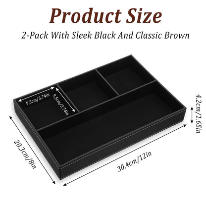 Kegeeei 2 Pack Leather Valet Tray for Men - Premium PU Leather Desk & Nightstand Organizer, Stackable Storage Tray for Keys, Wallet, Watch, Phone, Jewelry in Black & Brown