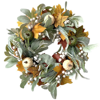 15 Inches Pumpkin Fall Wreath Artificial Wildflower with Berries for Halloween Thanksgiving Christmas Farmhouse Fall Décor