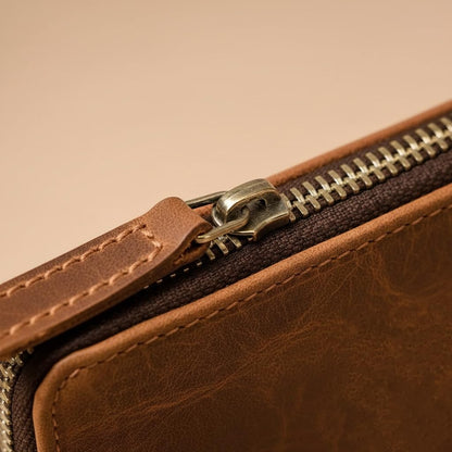 TORAKIP Small Leather Wallet with Zipper – Compact Genuine Leather Coin Pouch for Men & Women, Slim Minimalist Zip Wallet for Cash & Cards, Handmade Pocket Wallet, Warm Brown